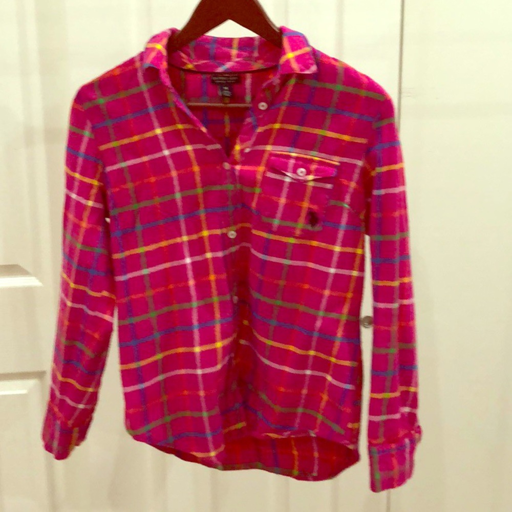 Pink 100% cotton, checkered button down blouse.